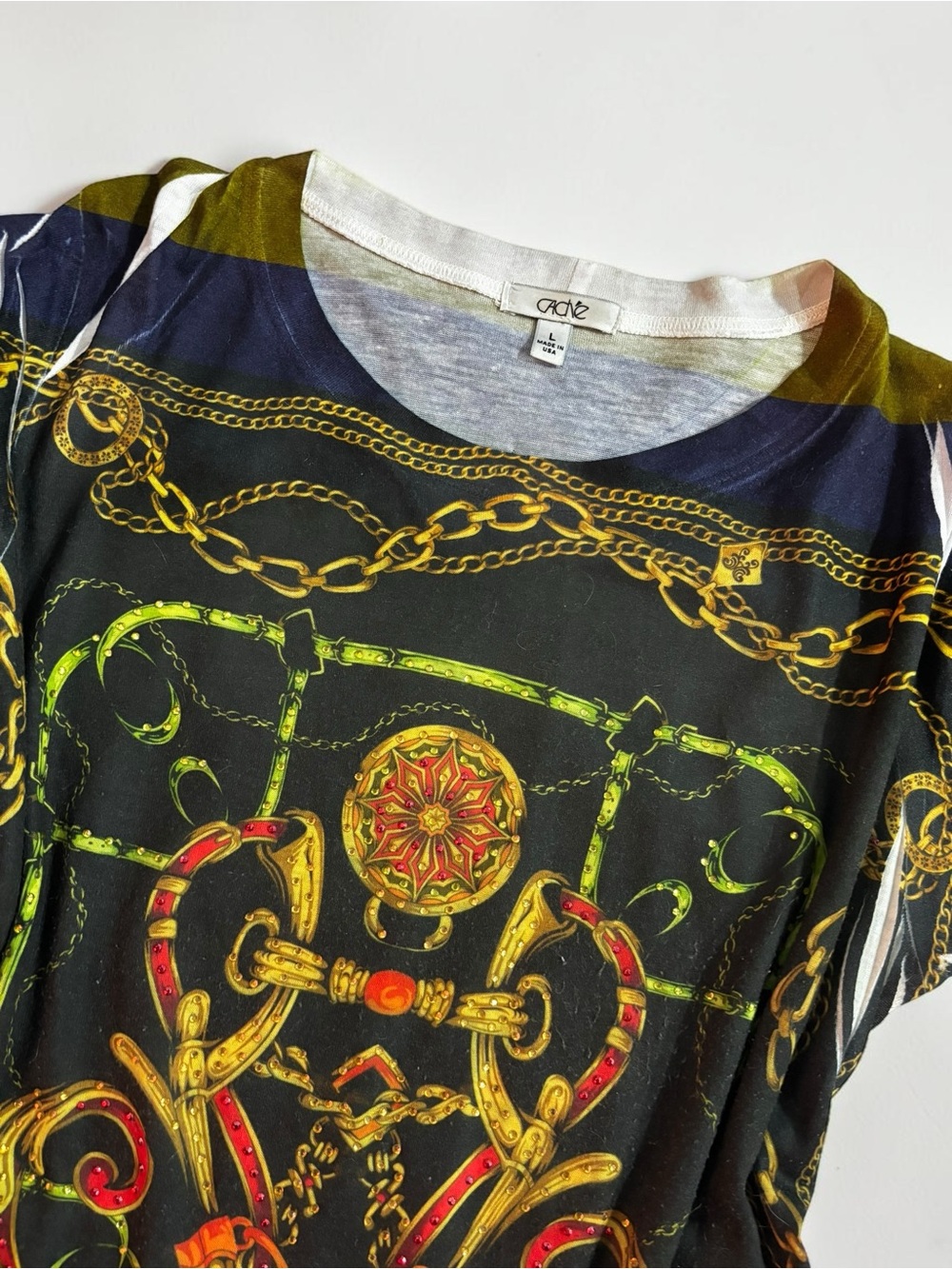 Y2K Cache Baroque Equestrian Chain Print Rhinestone Embellished Top Large - Picture 4 of 8